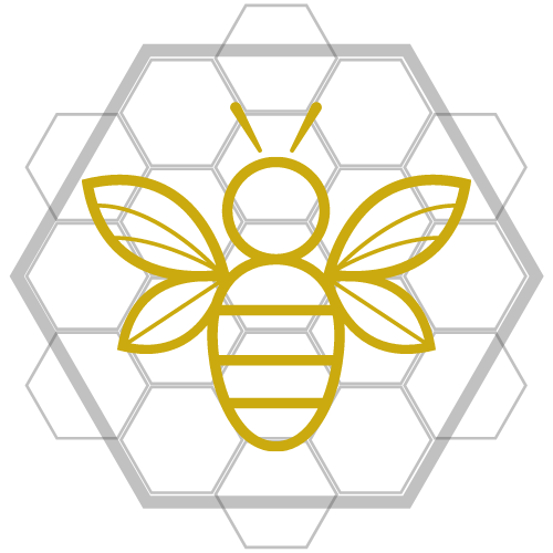 BeeKree8ive logo is a line art graphic of a gold honey bee on a light gray honeycomb background.